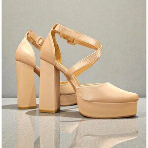 Elegant Champagne Satin Platform High Heel Sandals With Ankle Straps